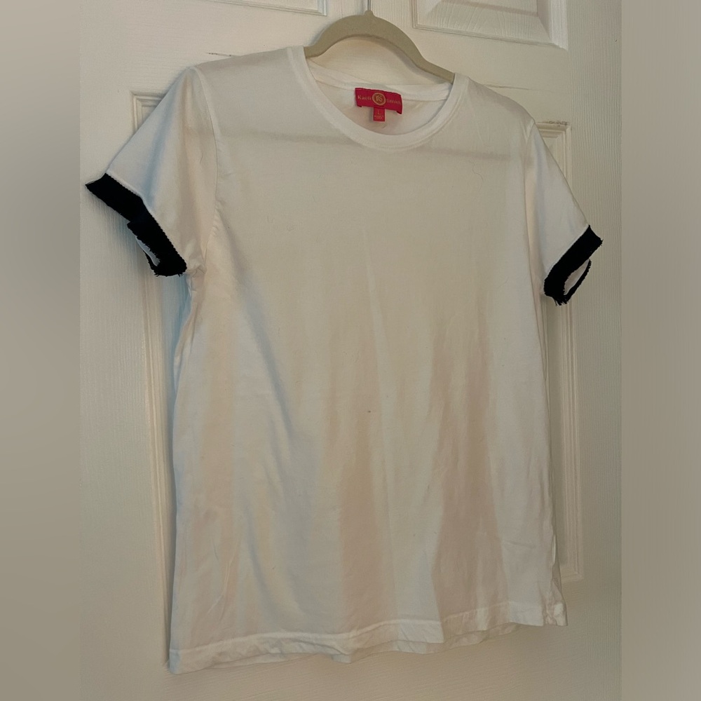 White Tee with Navy Fringe Size L